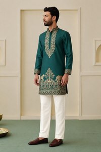 Kurta en soie verte pour homme, imprimé par transfert thermique, motif animalier, coupe droite, longueur genou, tenue de mariage traditionnelle, séchage rapide - Product Image 3