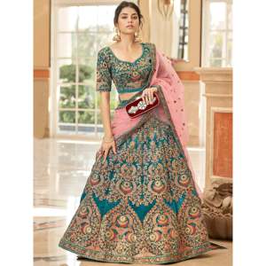 Lehenga Choli en velours bleu précieux brodé, grande taille, pour mariage - Product Image 5