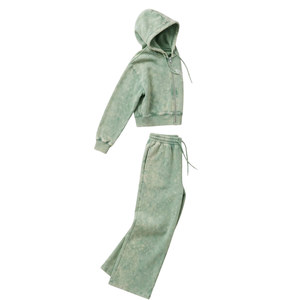 Conjunto Deportivo de Dos Piezas para Mujer, Sudadera con Capucha y Cierre, Pantalones Anchos, Estilo Lavado Ácido, 100% Algodón Ecológico, para Uso Casual - Product Image 3