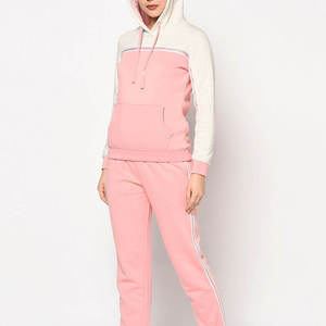Women Color Blocking Hooded Tracksuit Full Sleeve Casual Elastic Waist <b>Pink</b> Cotton <b>Sweatshirt</b> And Pants Set - Product Image 3