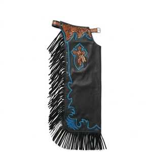 Chaps de longueur intégrale en cuir de vachette véritable, avec franges de cowboy, patchs croisés et garniture turquoise, pour l'équitation western, avec outils de travail manuels et yoke. - Product Image 1