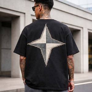 T-shirt décontracté pour homme en coton 100% noir, tricoté, surdimensionné, style sportif, effet usé, streetwear - Product Image 4