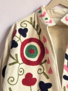 Cream <b>Corduroy</b> Embroidered Suzani <b>Jacket</b> | Folk Art Floral Quilted Bomber | Multi-Color Boho Suzani Style - Product Image 4