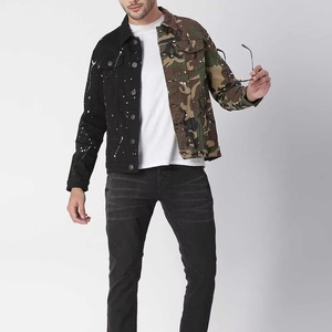 <b>Men's</b> Reversible <b>Denim</b> <b>Jacket</b> Black Camouflage Splatter Print Turn-down Collar Casual Single Breasted Button Closure Washed - Product Image 5