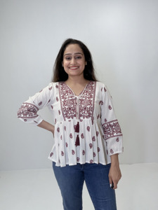 Blusa Blanca de Viscosa con Bordado, Estilo Peplum, Cuello en V, Adorno de Hilo Marrón, Lazos, Estilo Bohemio, Étnico, Casual, para Otoño, Primavera y Verano - Product Image 5