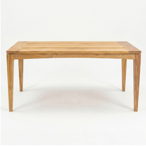 Una mesa de comedor rectangular de madera maciza con patas cónicas y un diseño minimalista, adecuada para áreas de comedor interiores o exteriores. - Product Image 1