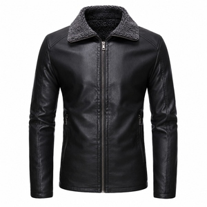 <b>Men's</b> Premium Black Genuine Leather <b>Jacket</b> with <b>Shearling</b> Collar Custom Winter Casual Zip-Up Leather Coat - Product Image 1