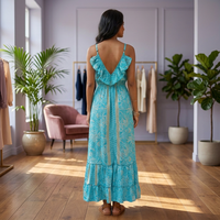 Talla Única Y2K Boho, Vestido Maxi de Seda Tejida India con Estampado Floral, Estilo Coreano de Verano, Cuello en V, Sin Mangas, con Aberturas, Antiarrugas, Lavable, Dulce