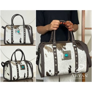 Stylish Western Hair On Cowhide Leather Speedy Duffel <b>Bag</b> Luxury Turquoise Concho <b>Stud</b> Design Crossbody Travel Shoulder Handbag - Product Image 1