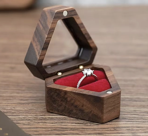 Wooden Hexagon Ring Box Red Velvet Lining Handmade Wedding Jewelry <b>Storage</b> Case Geometric Design - Product Image 1