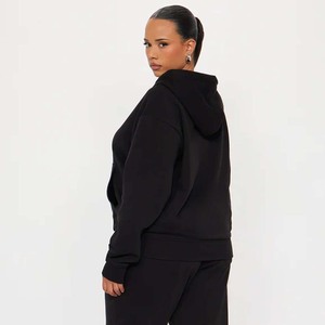 Sweat-shirt à capuche court noir pour femme en molleton anti-plis, à manches longues, avec fermeture éclair, décontracté, pour l'hiver, respirant, tricoté, avec cordon de serrage - Product Image 4