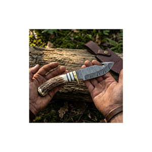 Cuchillo de caza de hoja fija de acero de Damasco hecho a mano PAK ENTERPRISES con mango de asta de ciervo y gancho para tripas, para camping al aire libre, OEM industrial - Product Image 2