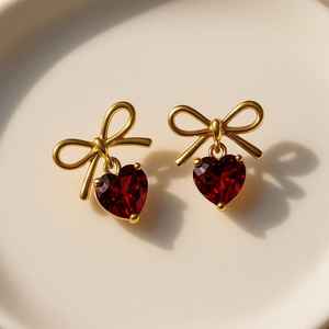 Pendientes de Corazón de Granate Hechos a Mano, Plata de Ley 925, Oro de 14K, Certificados por IGI, Joyería Fina Romántica, Regalo para Mujer, Fiesta - Product Image 1