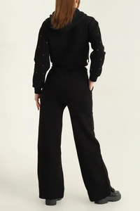 Women's 2 Piece <b>Knitted</b> Hooded Crop Top And Pants <b>Set</b> With Rhinestone Decoration Full Sleeve Casual Wear All Seasons - Product Image 4