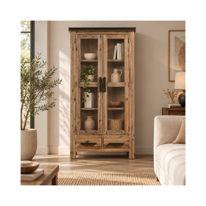 ATLAS Collection Warm Natural Acacia Wood Living Room Cabinet With Glass Doors, Elegant Home Display Storage <b>Unit</b> - Product Image 1