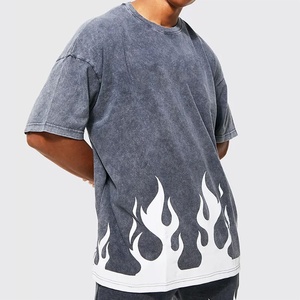 Men's Oversized Acid Wash T-<b>Shirt</b> With <b>Flame</b> Print Short Sleeve O-Neck Street Style Cotton Jersey Tee - Product Image 4