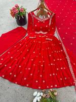 Baju Anarkali Georgette Merah dengan Bordir Emas, Slim Fit, Anti Kusut, Pakaian Tradisional Etnis India untuk Pernikahan Wanita