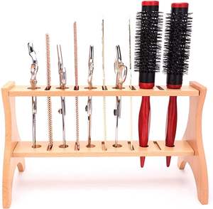 IKZARSA CIK-126 Professional 2-Tier Durable <b>Solid</b> <b>Wood</b> Barber Tools Storage Rack with Scissors Holder for Salon Styling Supplies - Product Image 1