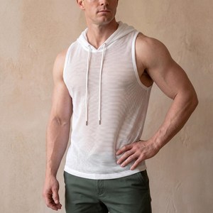 Camiseta sin Mangas con Capucha para Hombre, Color Blanco Sólido, Transpirable, Tejida, Corte Regular, Informal, para Verano - Product Image 3