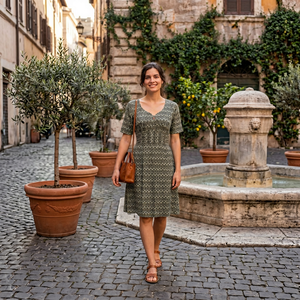 Vestido Estampado con Cuello en V, Corte en A, Largo hasta la Rodilla, Cintura Elástica, Manga Corta, Transpirable, de Algodón Tejido, Estilo Casual, Vintage, para Uso Diario, Verano - Product Image 1