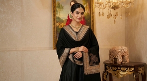 Women's Long Wool Shawl with Gold Embroidery Geometric Pattern Lightweight Durable Black and Beige Edge for Winter Daily Wear - Product Image 3