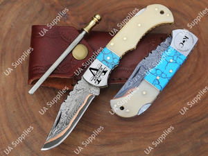 Cuchillo Plegable Profesional de Acero Damasco Sanmai con Cobre, 58 HRC, Afilado como una Navaja, Mango de Hueso de Camello y Turquesa, Cuchillo de Bolsillo EDC para Camping - Product Image 4