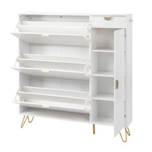 Scarpiera in truciolato bianco con pannello porta intagliato a V, 3 cassetti a sinistra, 1 cassetto a destra, 1 anta, 120x24x125 cm - Product Image 4