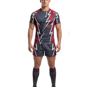 Conjuntos de Uniformes de Rugby con Estampado Borgoña, Tallas Grandes, Manga Corta, Diseño de Relámpago, Tejido Transpirable de Malla Resistente y de Alto Rendimiento - Product Image 2