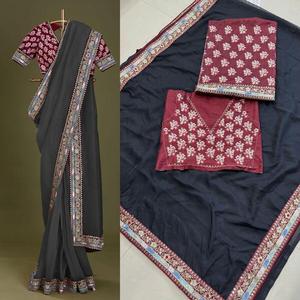 DESIGNER TABBY <b>ORGANZA</b> <b>SILK</b> EMBROIDERY SEQUENCE WORK LACE BORDER SAREE WITH UNSTTICHED BLOUSE - Product Image 5