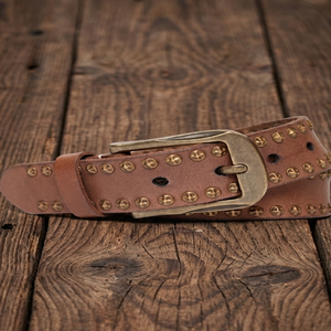 <b>Top</b> Brand Professional Custom Genuine Leather Men's Belt Brass Double Row Round Rivets Gold Pin <b>Buckle</b> Leather Belt for Unisex - Product Image 4