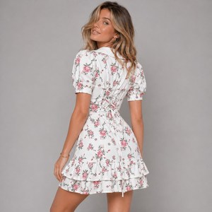 Robe Courte Décontractée en Coton Blanc à Imprimé Floral Doux, Col Peter Pan, Manches Courtes, Ourlet Évasé Superposé, Idéale pour le Printemps - Product Image 5