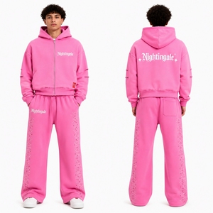 Ensemble de survêtement en gros avec fermeture éclair et strass, pantalon de jogging ample et épais à jambe large et sweat à capuche, style mode - Product Image 1