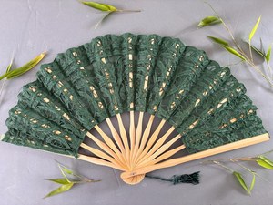 Éventail pliant en bambou fait main, design moderne en dentelle verte, forme naturelle, portable, objet d'art, collection, décoration de mariage et cadeau - Product Image 4