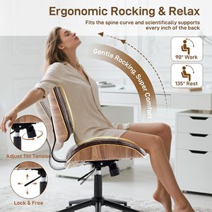 Sedia da Ufficio Girevole Moderna in Noce con Schienale in Legno Curvato e Rivestimento in Pelle PU, Senza Braccioli, Altezza Regolabile e Ruote per Scrivanie Piccole - Product Image 4