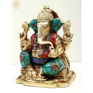 Fabriqué à la main de 6 pouces assis Lord Ganesha Statue en laiton Sculpture indienne idole fabriquée en Inde - Product Image 2