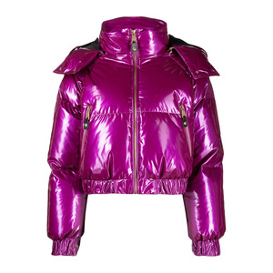 Women's Purple Quilted Puffer <b>Jacket</b> With Stand Collar Full Sleeve Zipper Closure Short Length Women's Winter Coat - Product Image 3