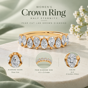Bague Couronne pour Femme Demi-Éternité Diamant de Laboratoire Taille Poire Or Massif 18K Incolore VVS Neuf Pierres Or Blanc Jaune Rose - Product Image 5