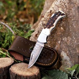 Cuchillo de caza de acero damasco inoxidable con punta de gota y hoja recta, mango de asta, cuchillo plegable de bolsillo en oferta - Product Image 2