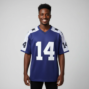 Camiseta de Fútbol Americano Azul para Hombre, Cuello en V, Manga Corta, Número 14 Estampado, Uniforme de Poliéster que Absorbe la Humedad, Estilo con Números de Equipo - Product Image 3