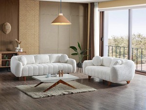 Juego de Sofás de Madera de Teca Sólida de Lujo, Sofá Curvo Moderno en Color Crema Bouclé de 3, 2 y 1 Plazas, Mesa de Centro, Muebles de Sala de Estar Estilo Japandi para Villa - Product Image 2