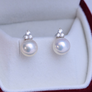 9-10mm White Freshwater Pearl <b>Stud</b> Earrings S925 <b>Silver</b> Full Inlaid with Strong Light Fine Quality Live Broadcast Wholesale - Product Image 4