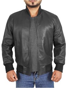 Chaqueta de Cuero Vacuno Negra para Hombre, Estilo Bomber, Cuello Alto, Cierre de Cremallera, Estilo Motero, Corte Regular, para Otoño, Tallas Grandes - Product Image 5