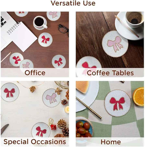 Round glass beaded embroidery coaster set cute bowknot design white handmade cup mat <b>red</b> pink <b>ribbon</b> motif table decor placemat - Product Image 4