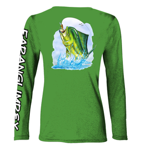 เสื้อตกปลาแขนยาวสั่งทำ OEM สีเขียว พิมพ์ลายปลา Mahi Mahi ด้านซ้ายมีโลโก้ ป้องกันแสงแดด UPF 50 แห้งเร็ว เสื้อผ้าผู้ชายสำหรับกิจกรรมกลางแจ้ง - Product Image 1