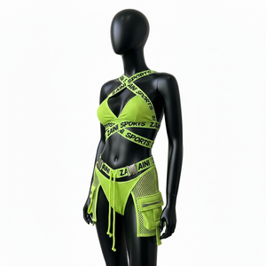 Ensemble de bikini côtelé en nylon et élasthanne pour femme, vert fluo, avec bretelles croisées et empiècements en maille, maillot de bain personnalisable avec logo pour femme - Product Image 4