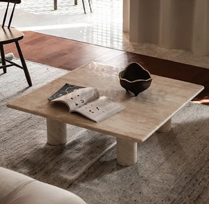 Table basse carrée en marbre blanc avec plateau en marbre et base en bois massif à découpes circulaires, disponible à prix de gros. - Product Image 3