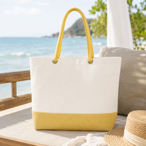 Sac de plage en toile de coton laminée avec logo personnalisé, poignée en corde bicolore, 45x35x14cm, vente en gros, OEM, ODM, fabricant exportateur - Product Image 6