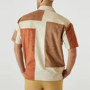 Short Sleeve Button up 3 Color Block <b>Patchwork</b> Splice Faux Suede <b>Shirt</b> for Men - Product Image 2