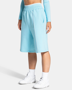 Shorts taille haute pour femmes, bleu ciel, avec lignes contrastées, poches, taille élastique, style sportif, en tissu tricoté respirant, vente en gros, OEM - Product Image 1