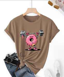 T-shirt en coton écologique personnalisé pour l'été, imprimé avec des appliques en denim et en velours côtelé, décoration avec des perles - Product Image 6